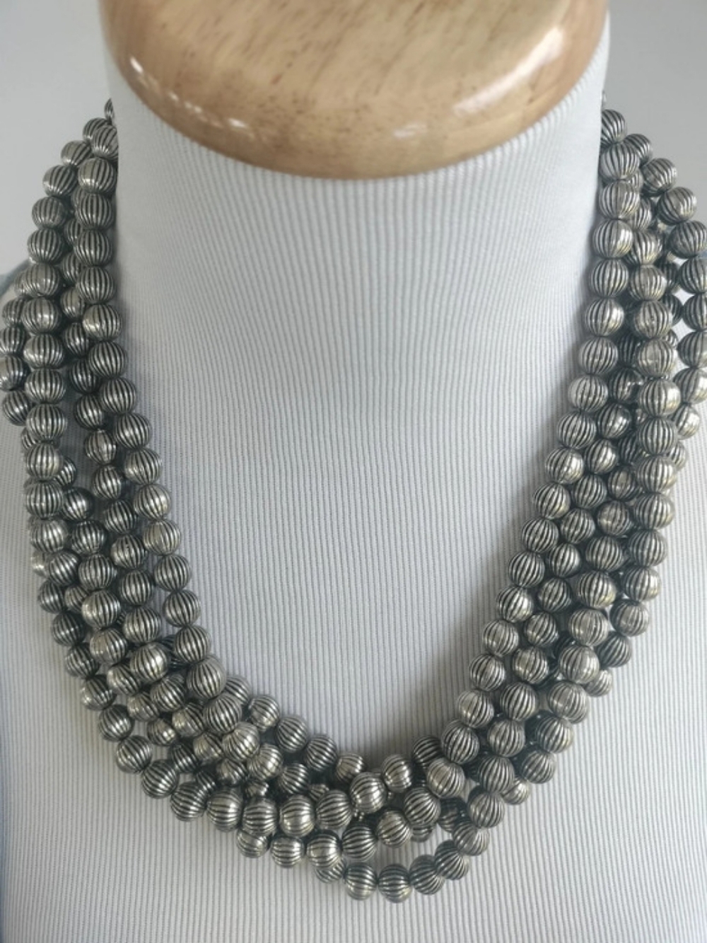Silver Ribbed Bead 5 Strand Navajo Style Necklace Vintage